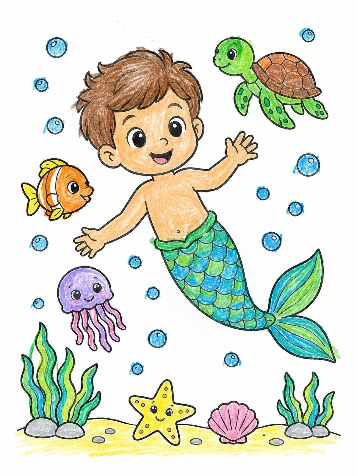 Colored example of the Cheerful Young Merman Swimming With Sea Friends coloring page