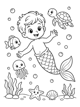 Free printable Cheerful Young Merman Swimming With Sea Friends coloring page