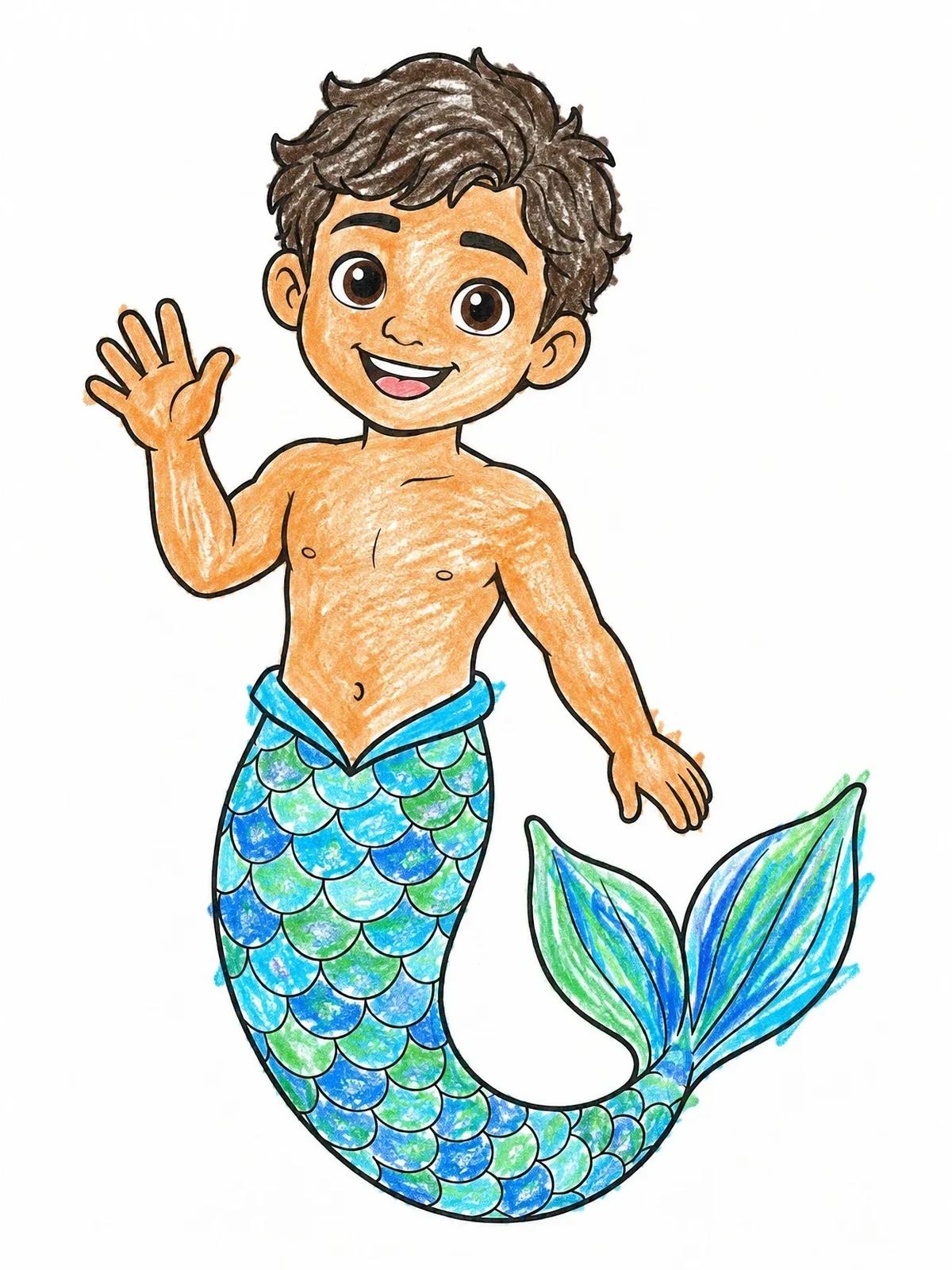 Colored example of the Cheerful Young Merman Waving coloring page