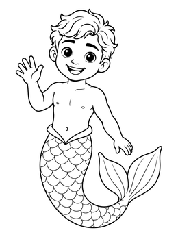 A cheerful cartoon boy in this merman coloring page waves his hand with a curved fish tail.