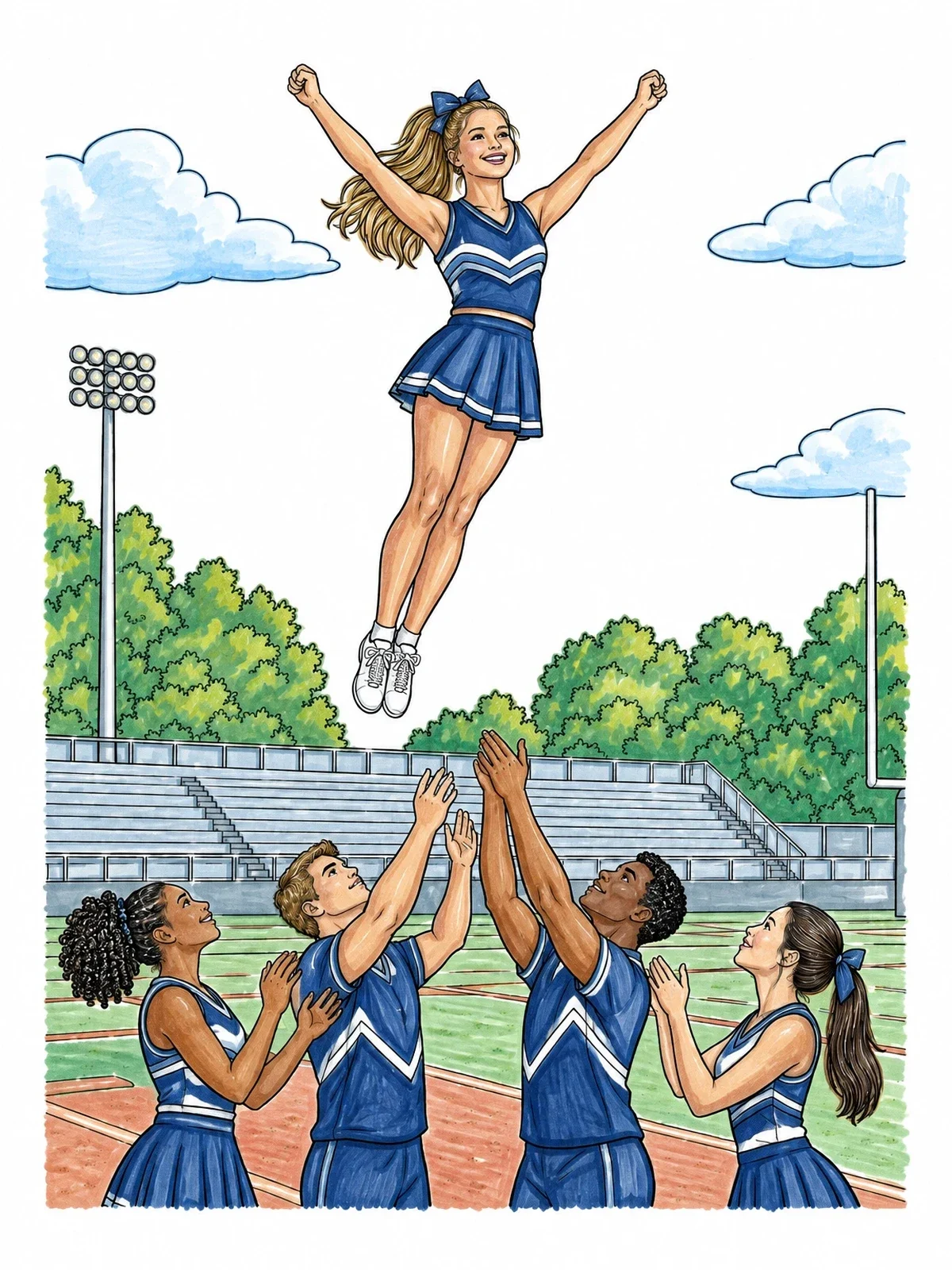 Colored example of the Cheerleader Basket Toss Stunt coloring page