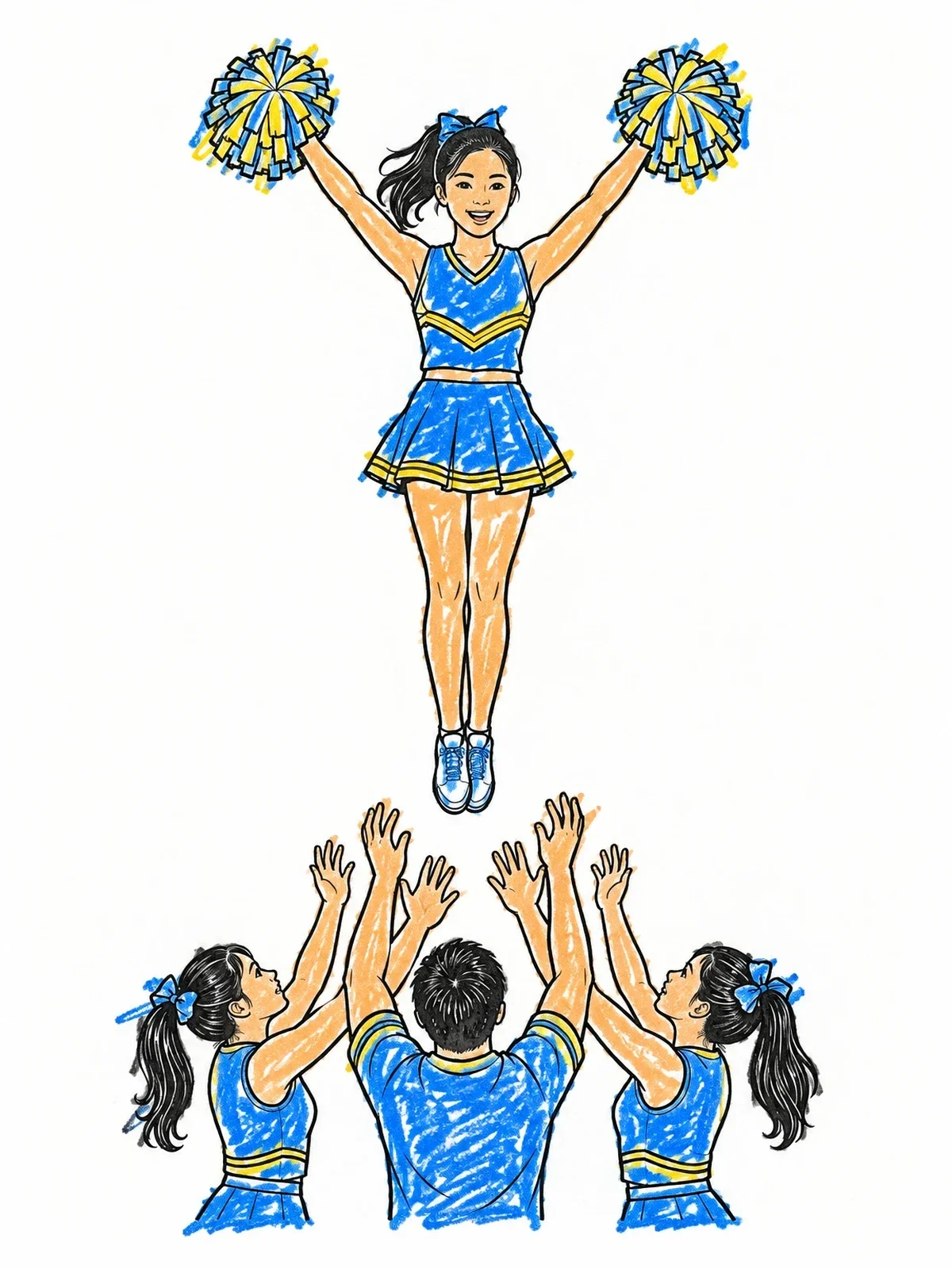 Colored example of the Cheerleader Basket Toss Stunt coloring page