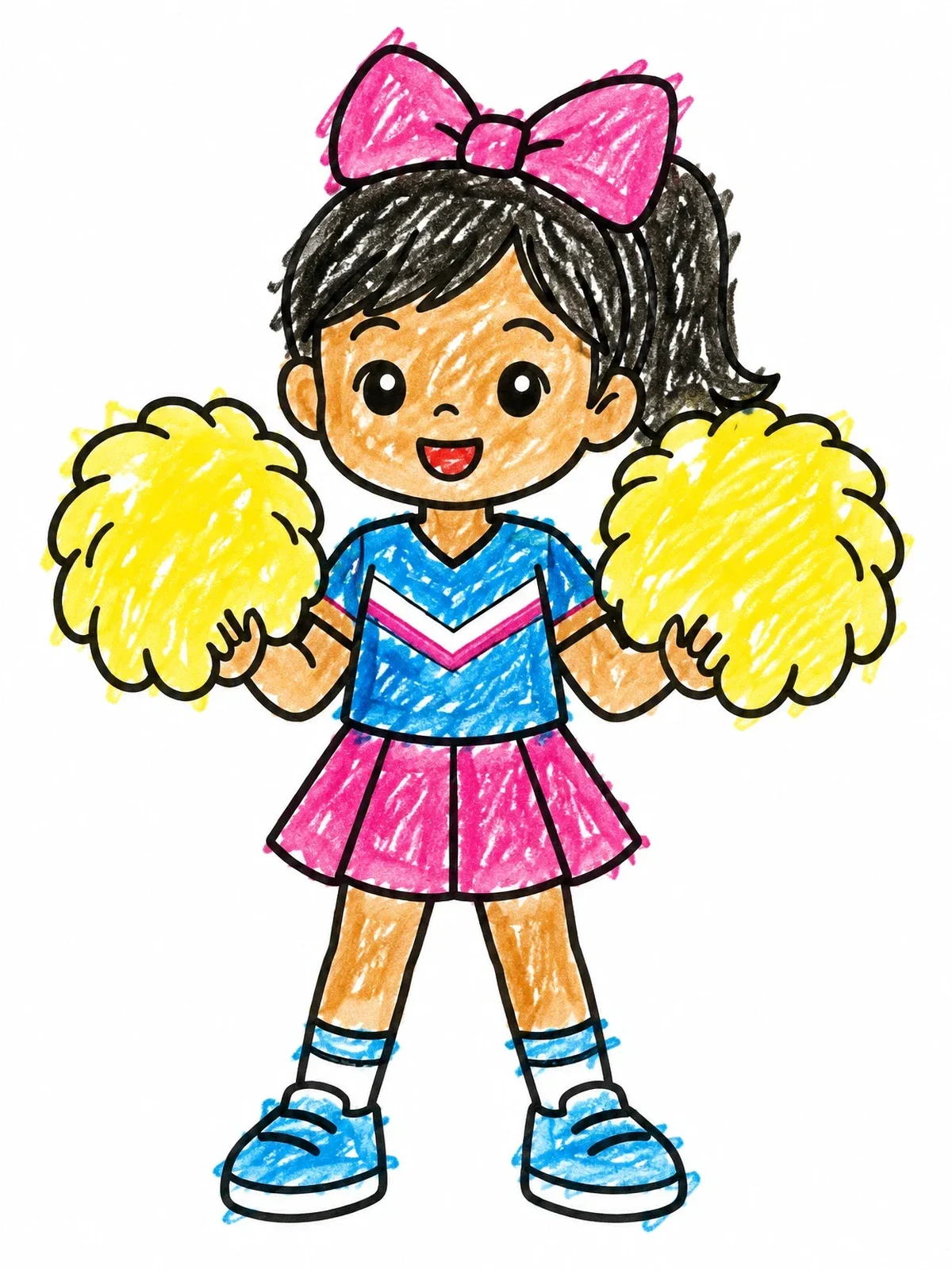 Colored example of the Cheerful Girl With Fluffy Pom Poms coloring page