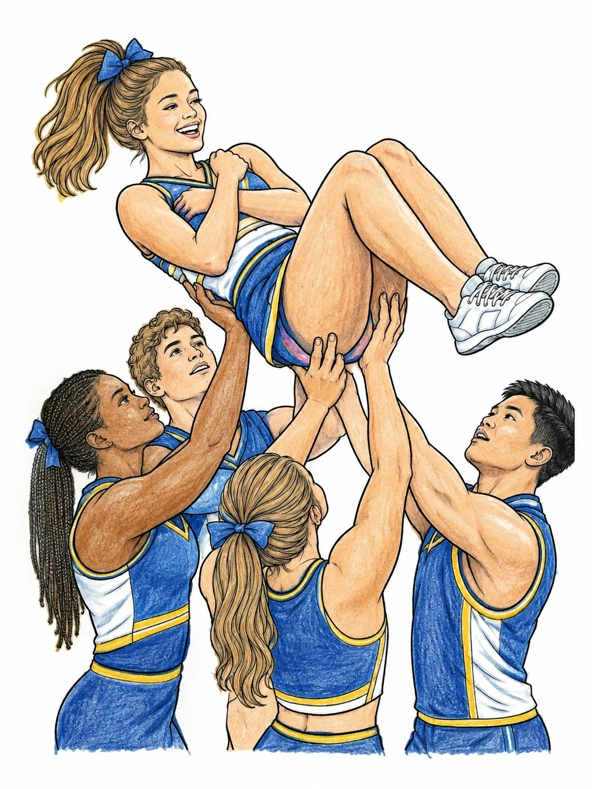 Colored example of the Cheerleading Stunt Team Basket Toss coloring page