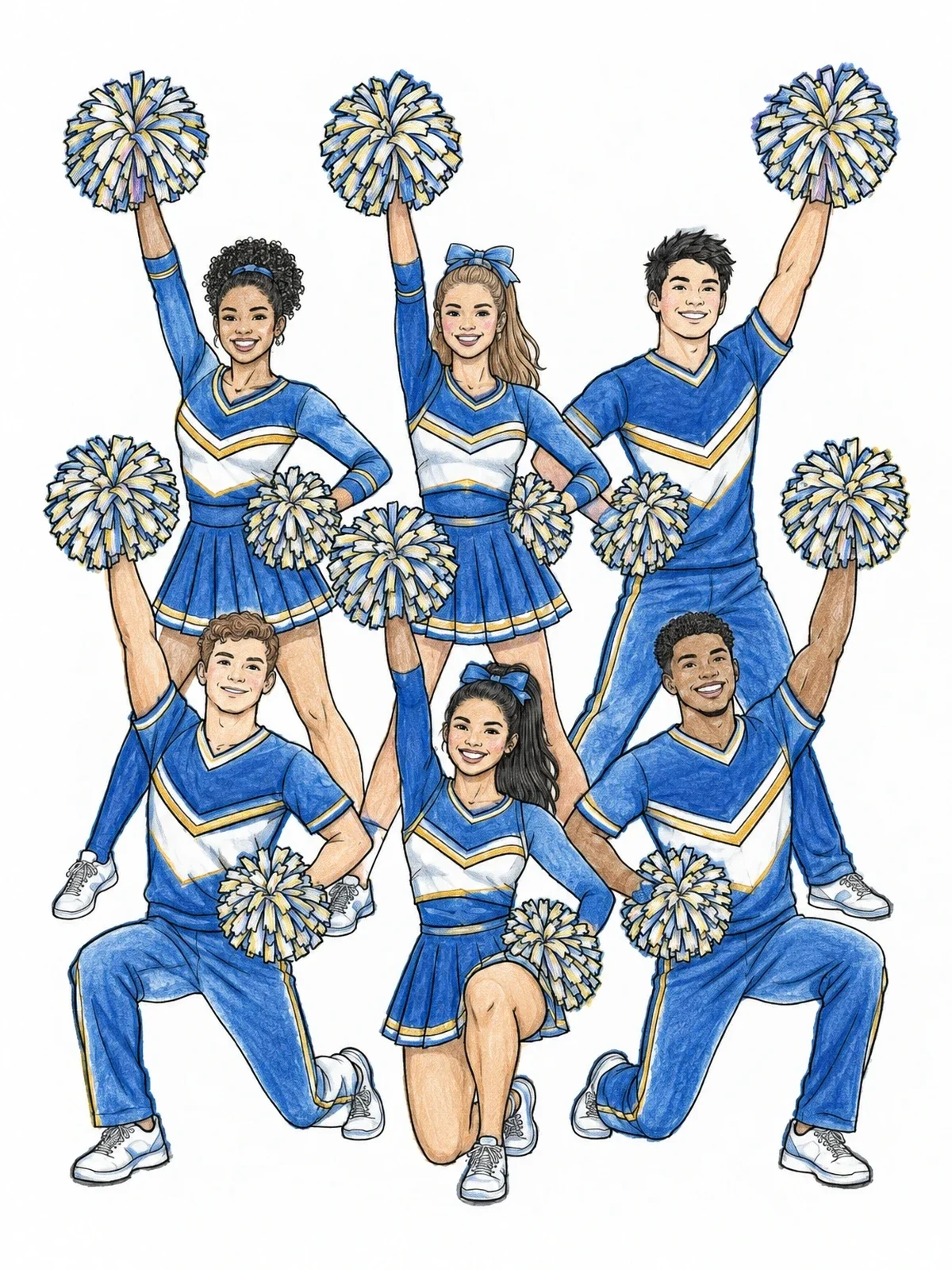 Colored example of the Cheerleading Team Floor Routine coloring page
