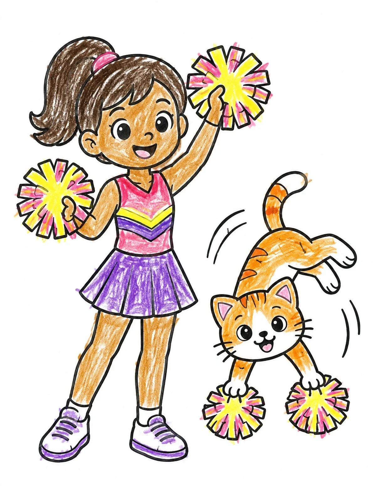 Colored example of the Cheerleader Girl And Tumbling Kitten coloring page