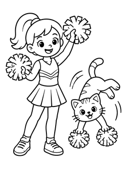 Free printable Cheerleader Girl And Tumbling Kitten coloring page