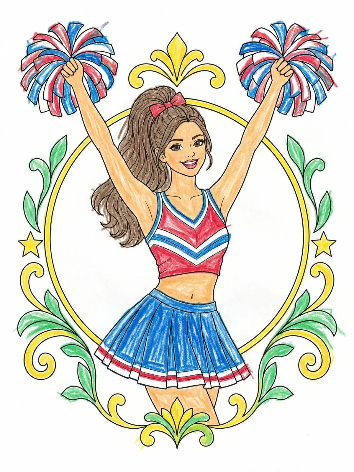 Colored example of the Cheerleader With Pom Poms In Decorative Frame coloring page