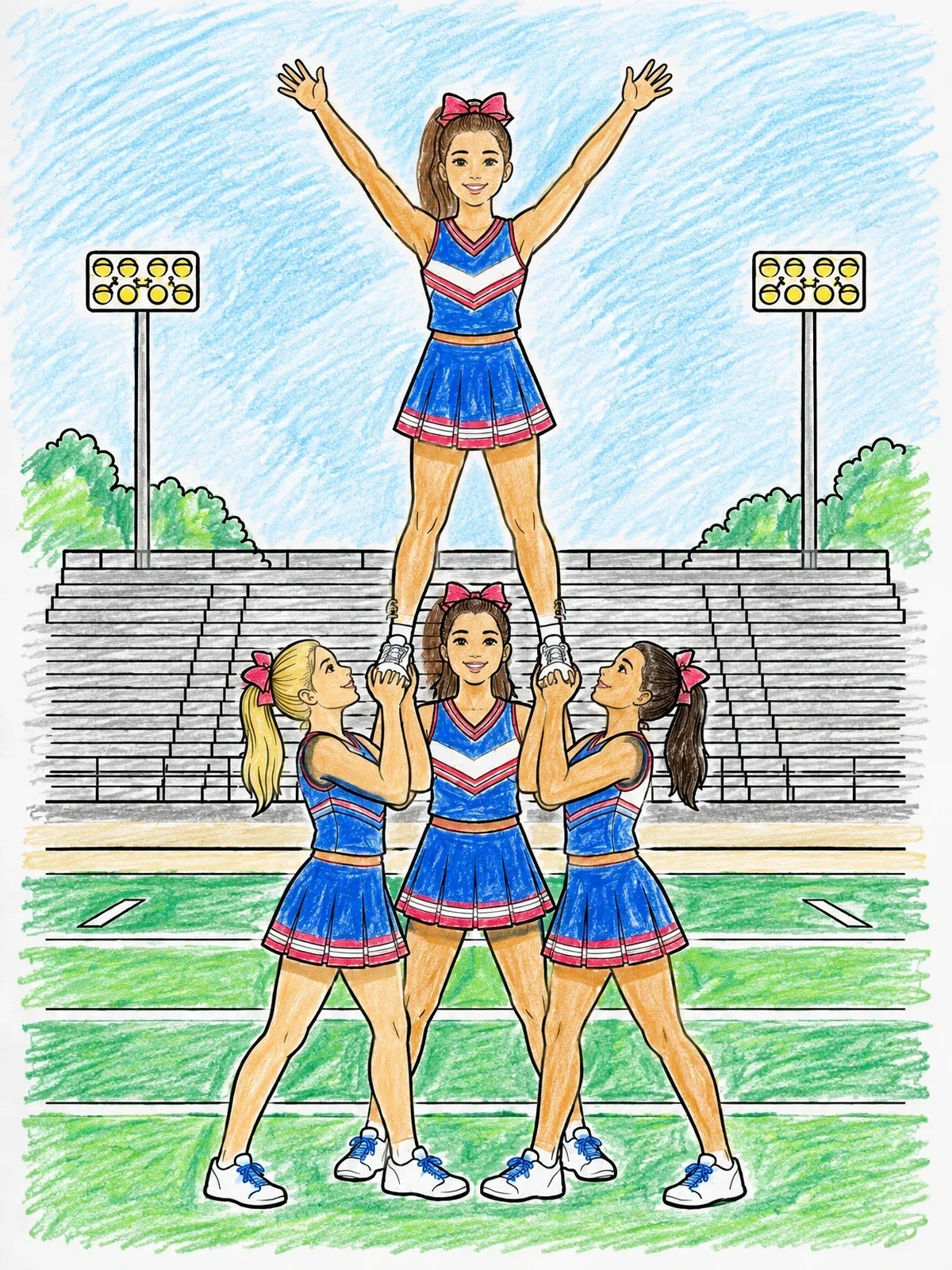 Colored example of the Cheerleader Pyramid At Stadium coloring page