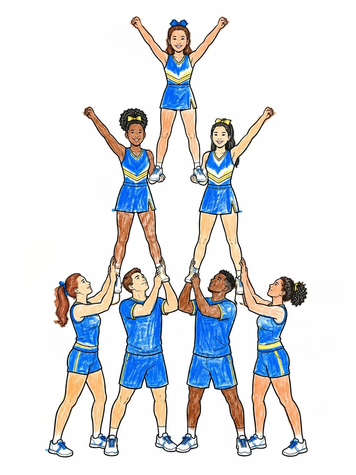 Colored example of the Three Level Cheerleading Pyramid Stunt coloring page