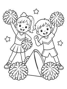 Free printable Cheerful Cheerleaders With Megaphone And Pom Poms coloring page