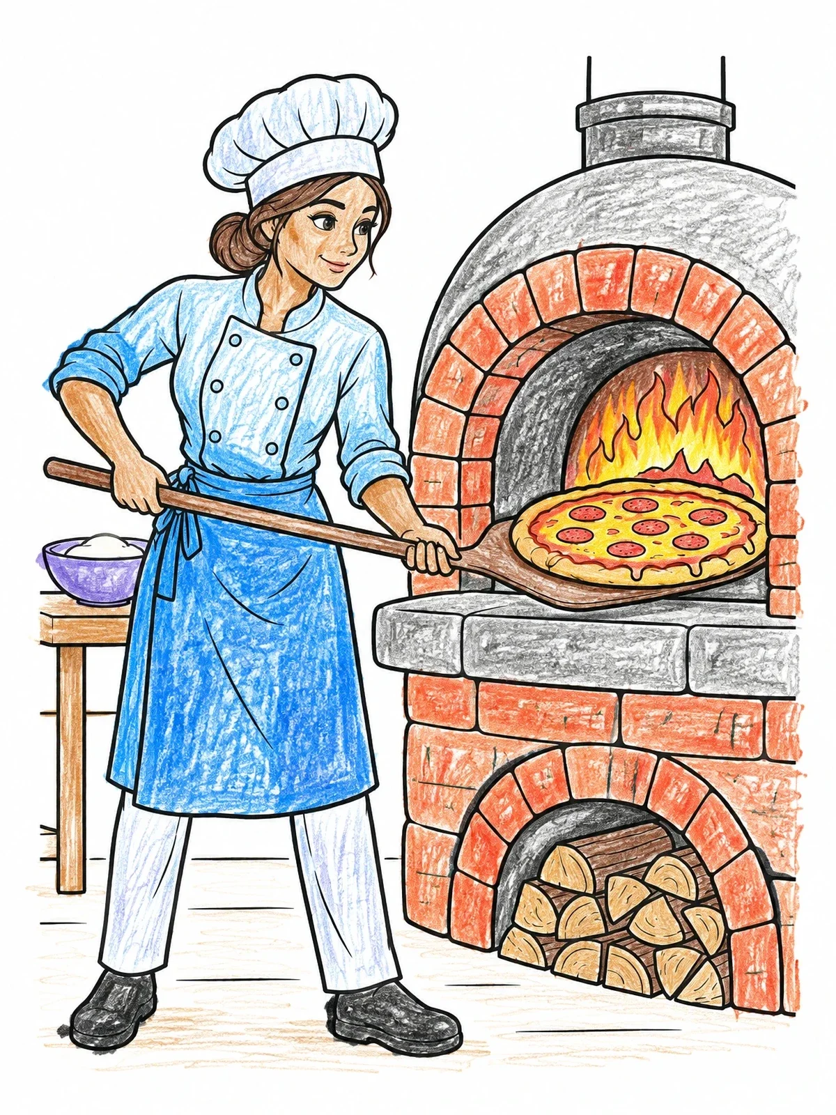 Colored example of the Baker Sliding Pizza Into Stone Oven coloring page