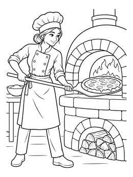 A chef puts a bubbly pizza into an oven on this cheese coloring page.