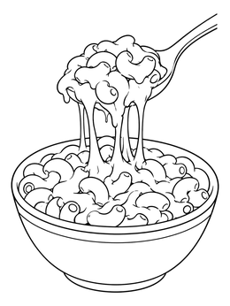 A spoon scoops delicious macaroni from a bowl in this cheese coloring page.