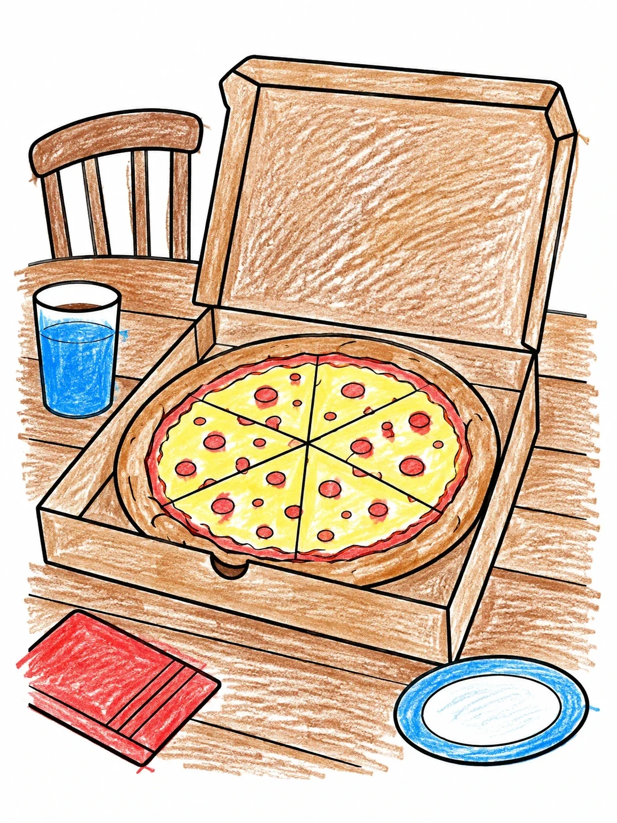 Colored example of the Hot Pizza In A Delivery Box coloring page
