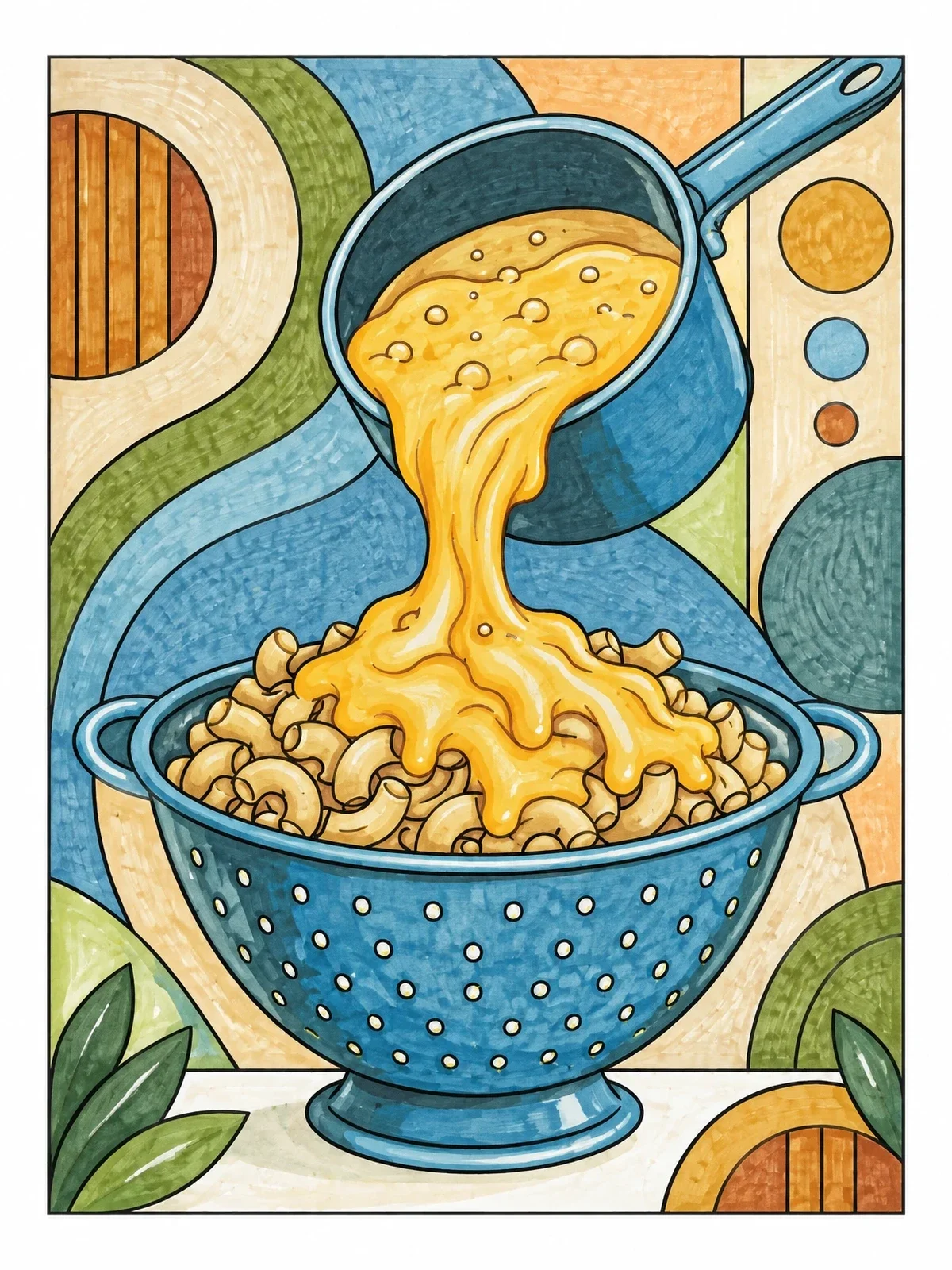 Colored example of the Cheese Sauce Poured Over Macaroni coloring page