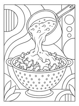 Warm cheese sauce pours over macaroni in a colander on this cheese coloring page.