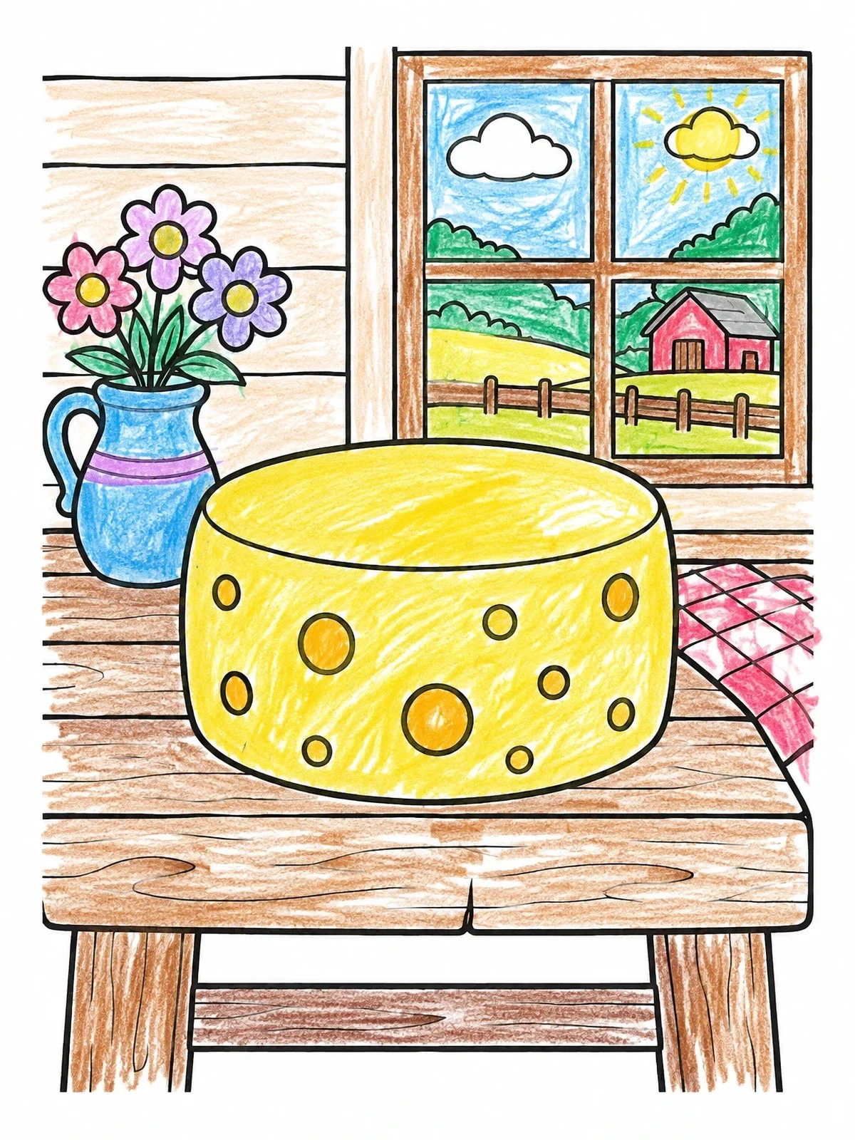 Colored example of the Cheese Wheel On Farmhouse Table coloring page