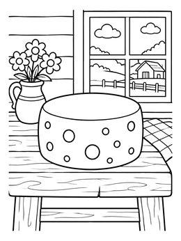 Free printable Cheese Wheel On Farmhouse Table coloring page