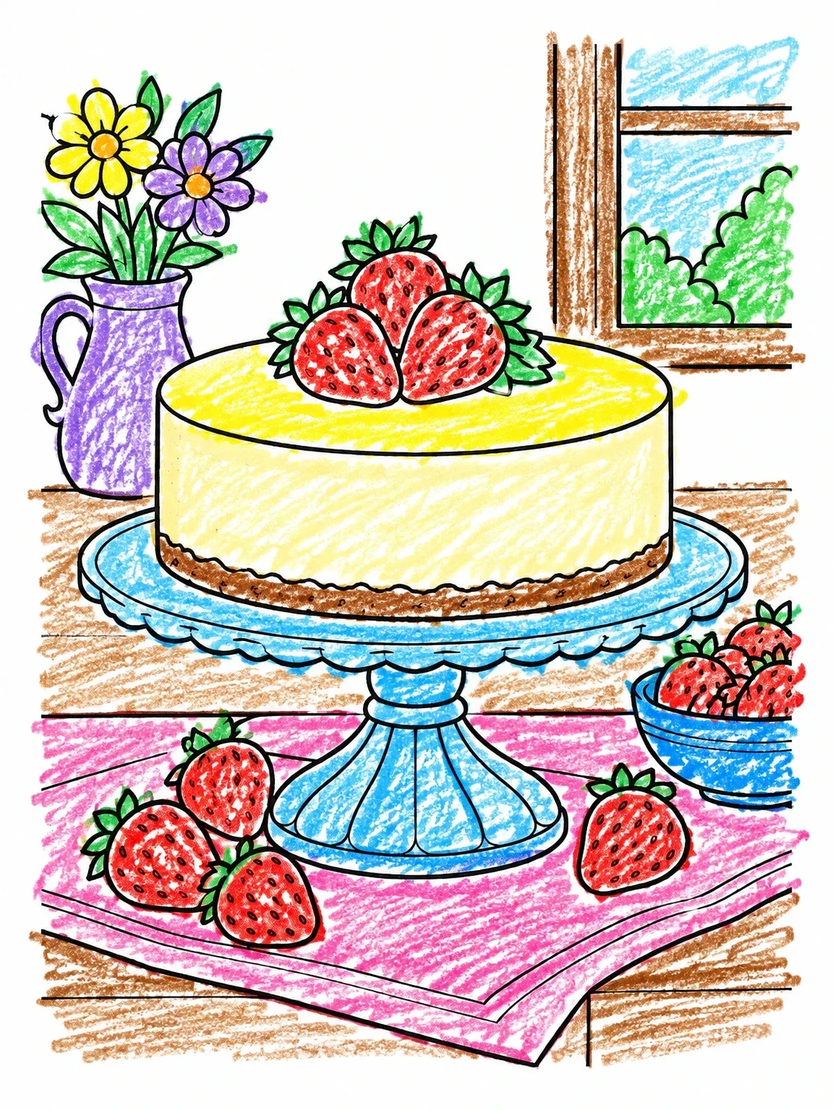 Colored example of the Cheesecake On A Cake Stand With Strawberries coloring page