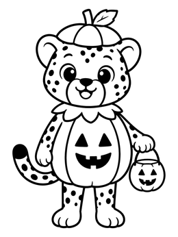 A cute cheetah coloring page with a cub wearing a Halloween pumpkin costume and holding a bucket.