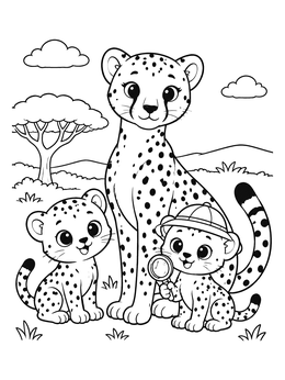 An adorable cheetah coloring page featuring a mother cheetah with two cubs on the savanna.