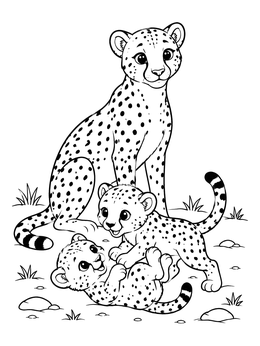 A mother cheetah watches her cubs play in this cheetah coloring page.