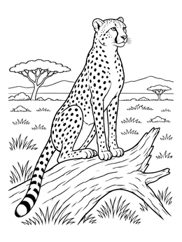 A graceful cheetah coloring page showing the wild cat perched on a log in the savannah.