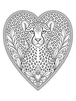An ornate cheetah coloring page showing a portrait inside a decorative heart frame.
