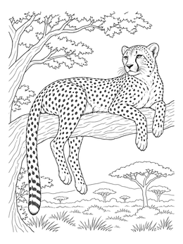 A realistic cheetah coloring page resting on a tree branch above the savanna.