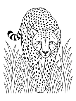 A focused wild cat prowls forward in this cheetah coloring page.