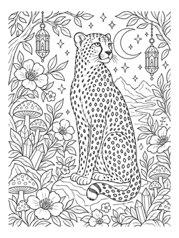 An intricate cheetah coloring page surrounded by night sky lanterns, mushrooms, and floral patterns.