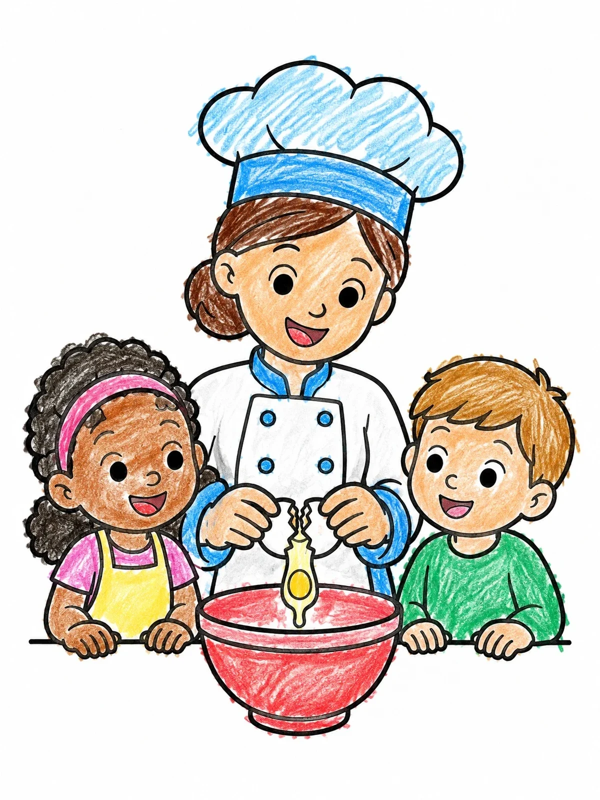 Colored example of the Baker Teaching Kids To Crack An Egg coloring page