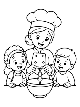 A chef coloring page featuring a baker showing two happy children how to crack an egg into a bowl.