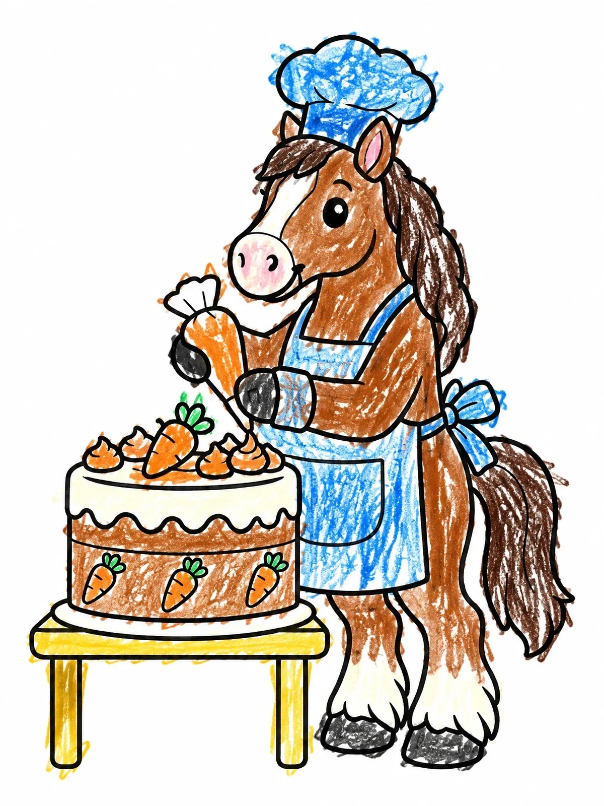 Colored example of the Chef Clydesdale Decorating A Cake coloring page