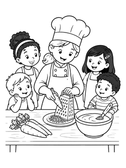 A chef grating vegetables on this carrot coloring page with kids.