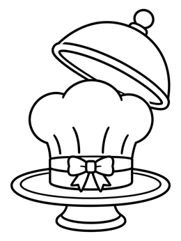 A chef coloring page featuring a fluffy chef hat on a pedestal platter with a lifted cloche.