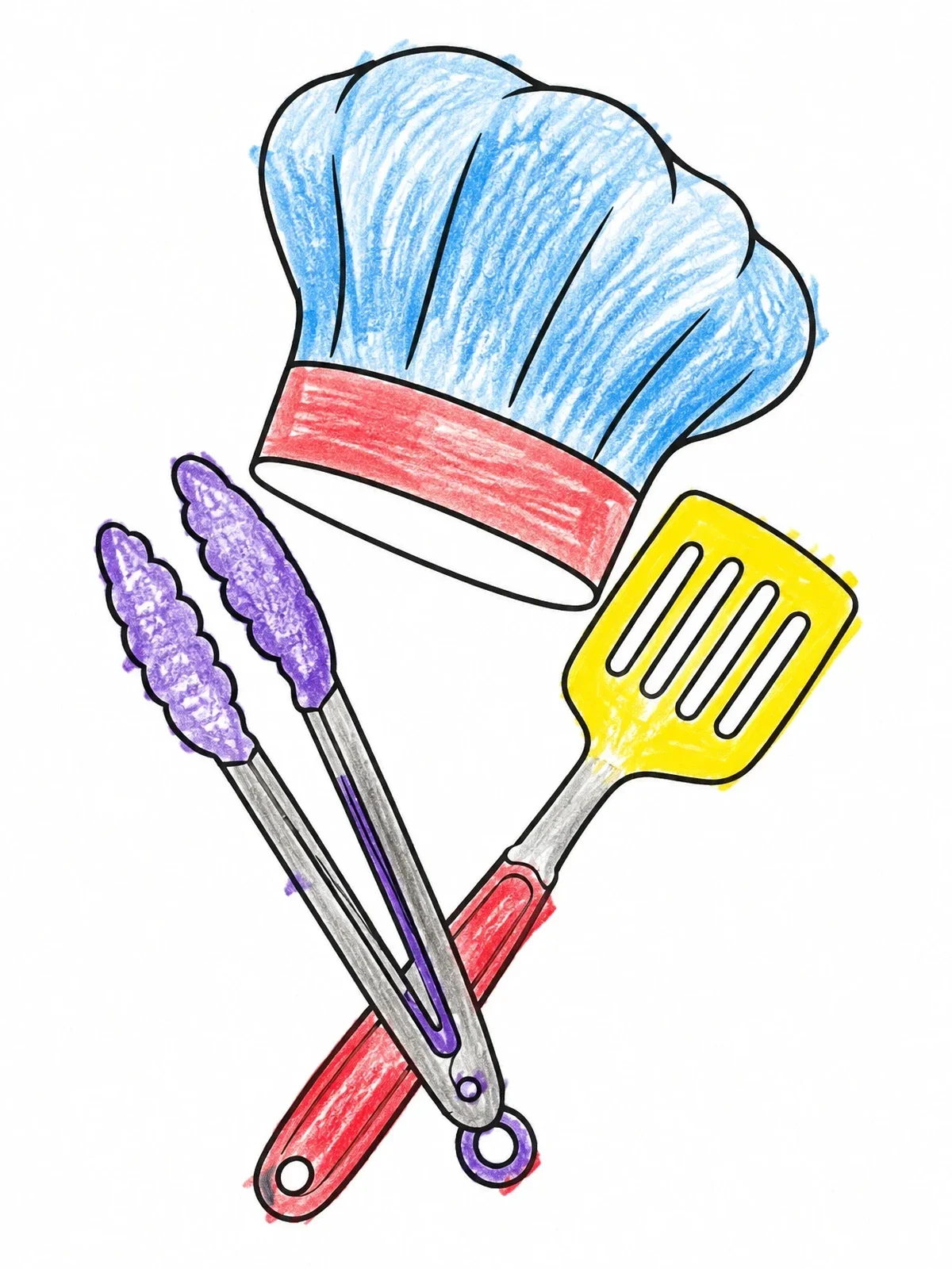 Colored example of the Chef Hat Tongs And Spatula coloring page