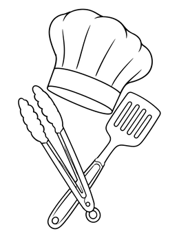 A chef coloring page featuring a toque hat, kitchen tongs, and a spatula.