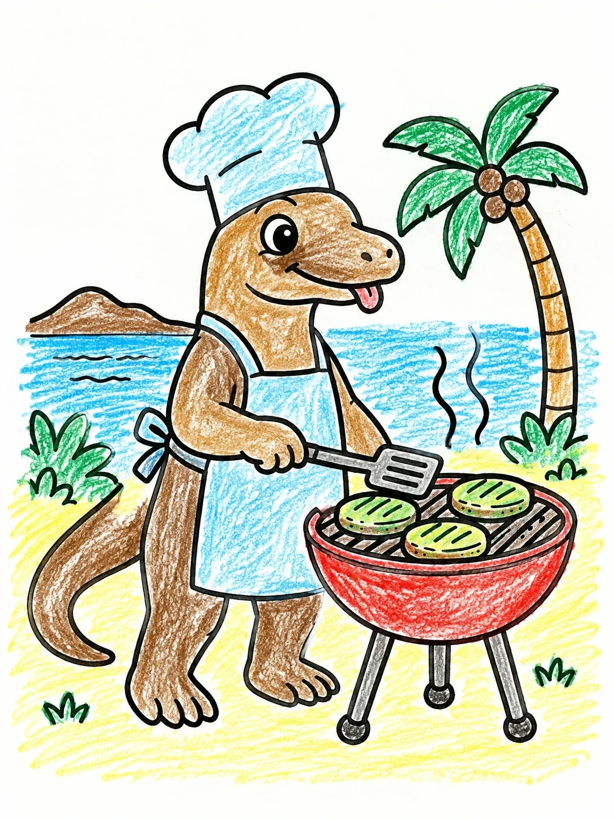 Colored example of the Chef Komodo Dragon At Beach Barbecue coloring page
