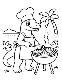 Free printable Chef Komodo Dragon At Beach Barbecue coloring page
