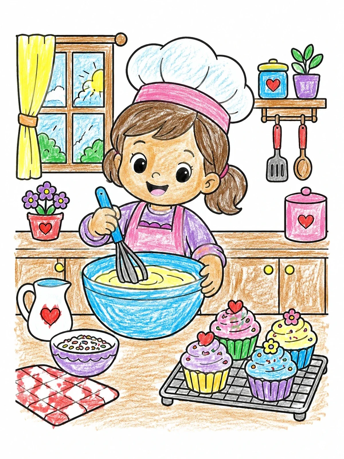 Colored example of the Little Baker Whisking Batter coloring page