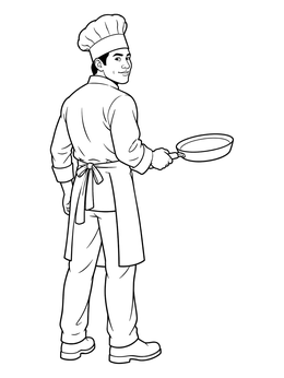 A chef glances over his shoulder holding a frying pan in this chef coloring page.