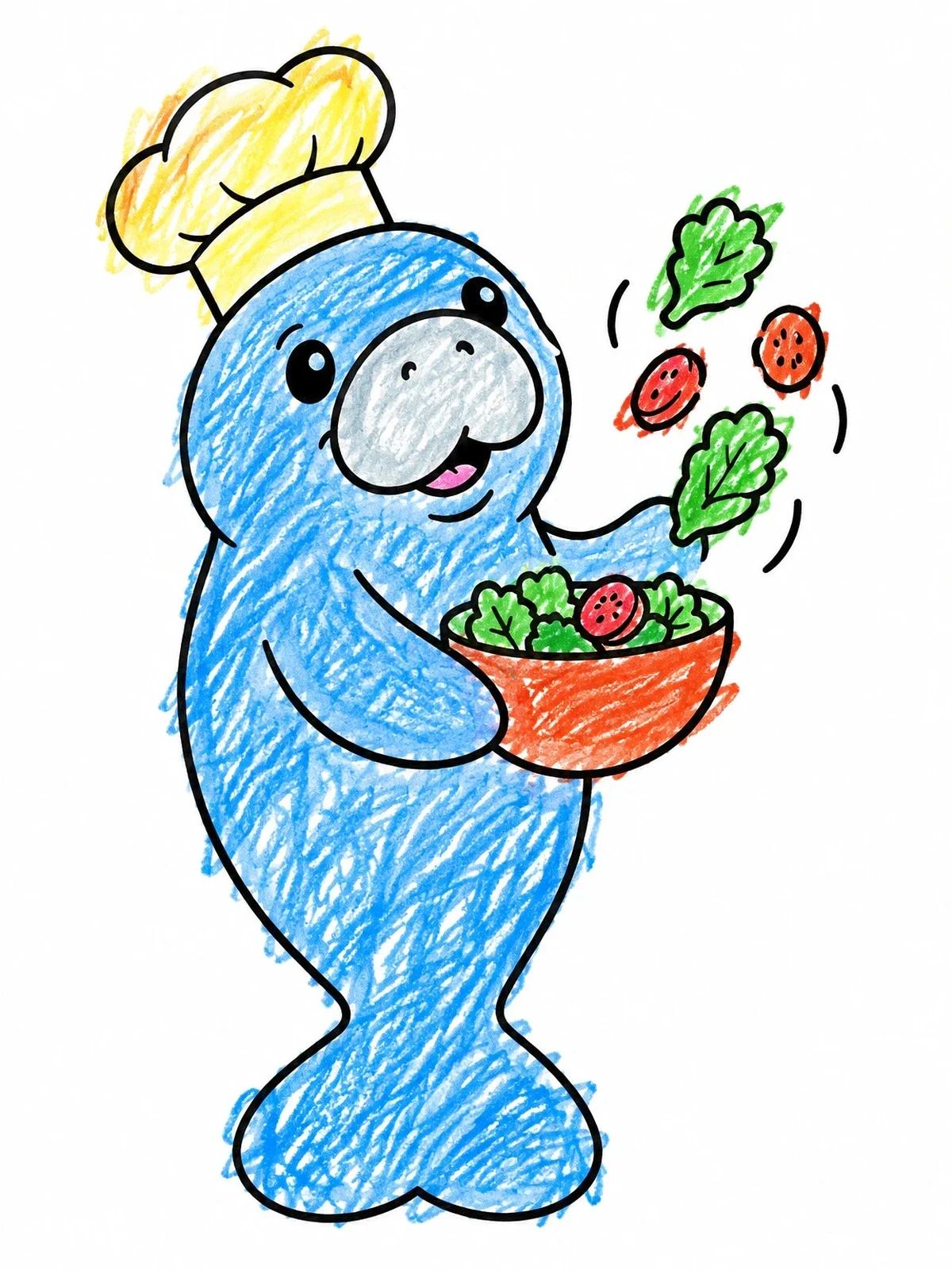 Colored example of the Chef Manatee Tossing Fresh Salad coloring page