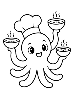 Free printable Chef Octopus Serving Hot Soup coloring page