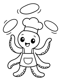 A cheerful cartoon octopus coloring page juggling pizza dough in a chef hat.