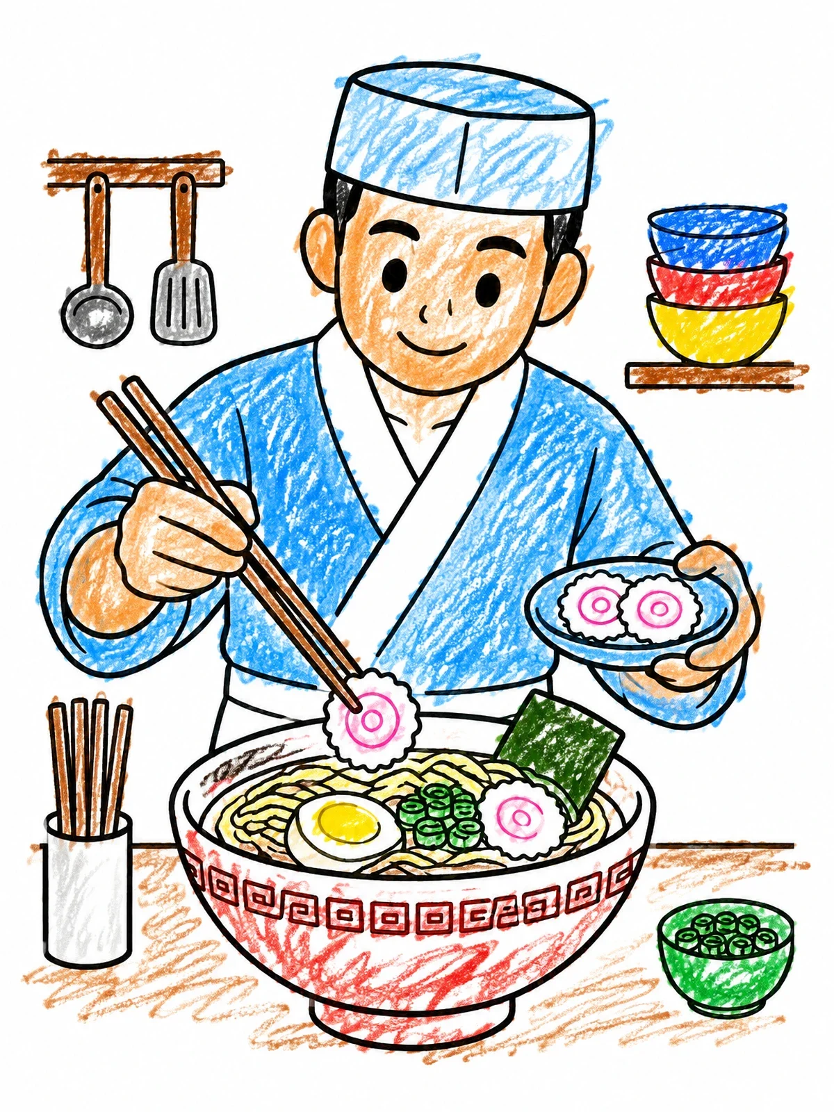 Colored example of the Chef Preparing Fresh Ramen Bowl coloring page