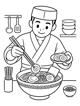 A chef garnishing noodles with narutomaki in this ramen coloring page.