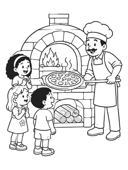 A chef takes a fresh pie from a stone oven for kids in this pizza coloring page.