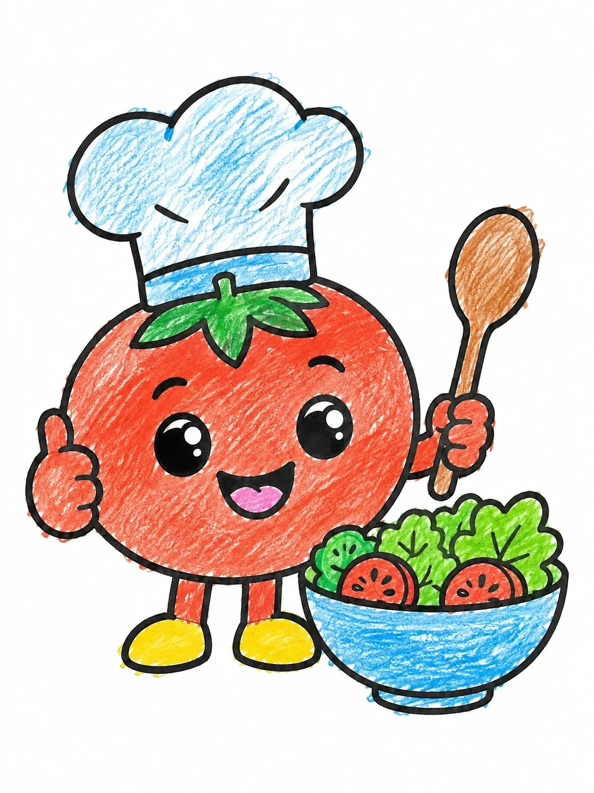 Colored example of the Chef Tomato With Salad Bowl coloring page